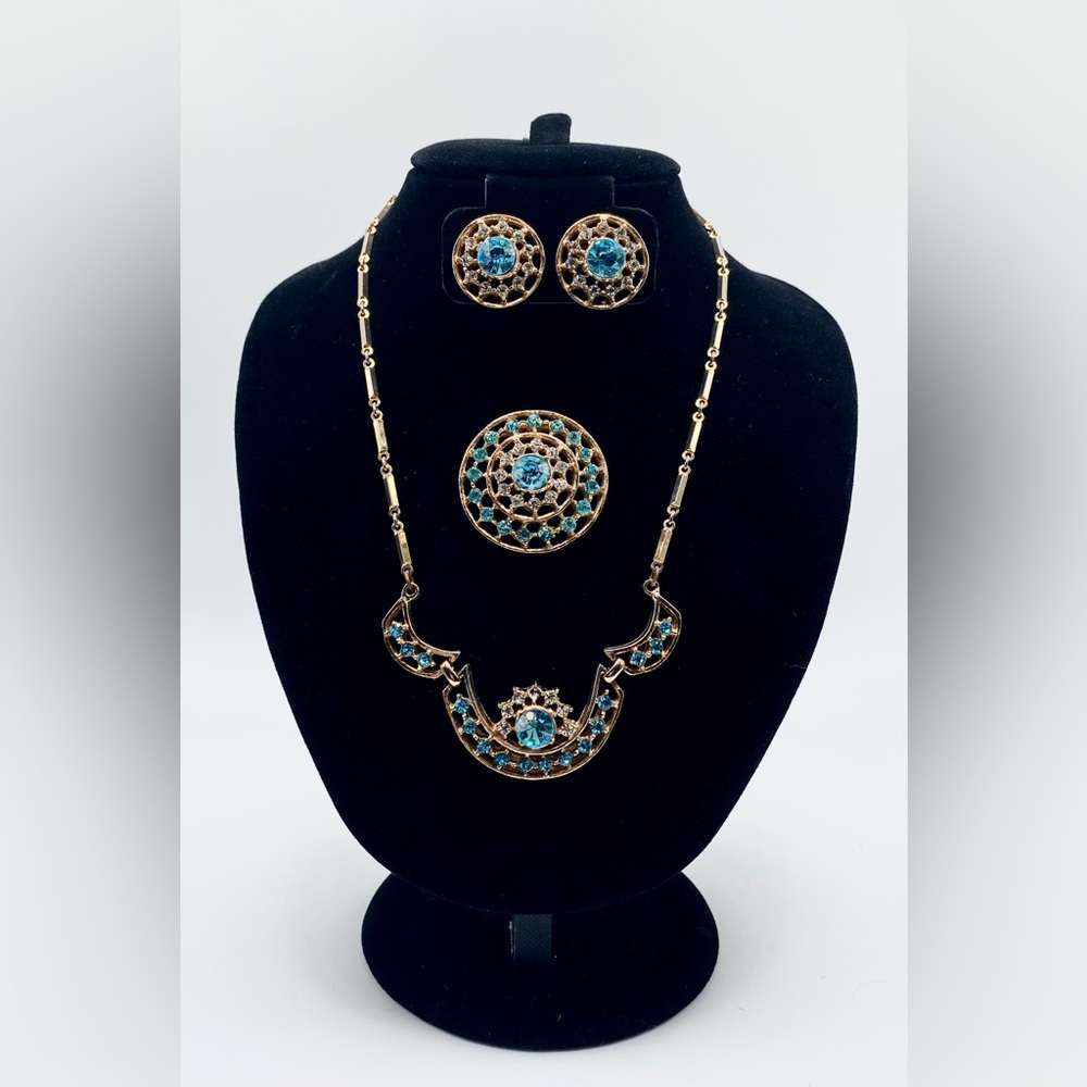 Vintage Aqua Rhinestone Parure Openwork Art Deco Influence